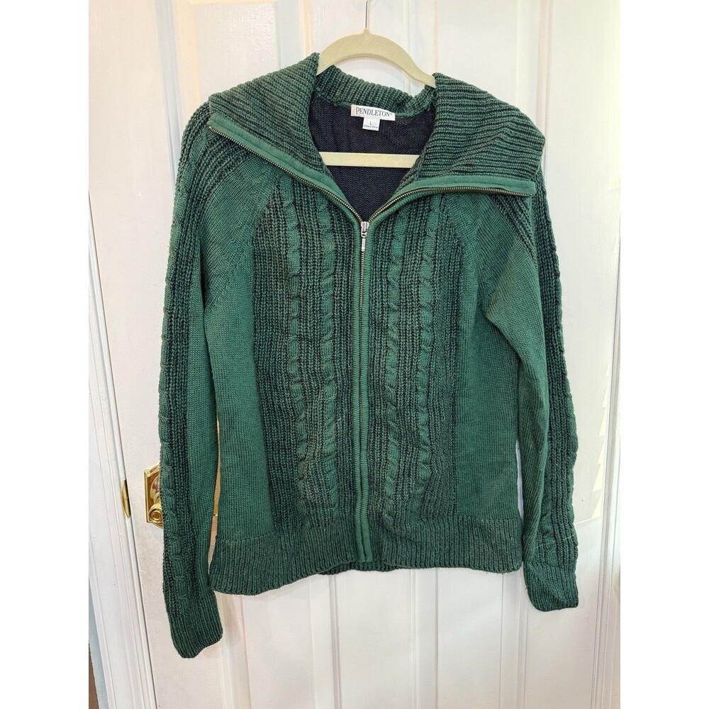 Pendleton 100% Merino Wool Green Cable Knit Full Zip Sweater Women’s Size Large